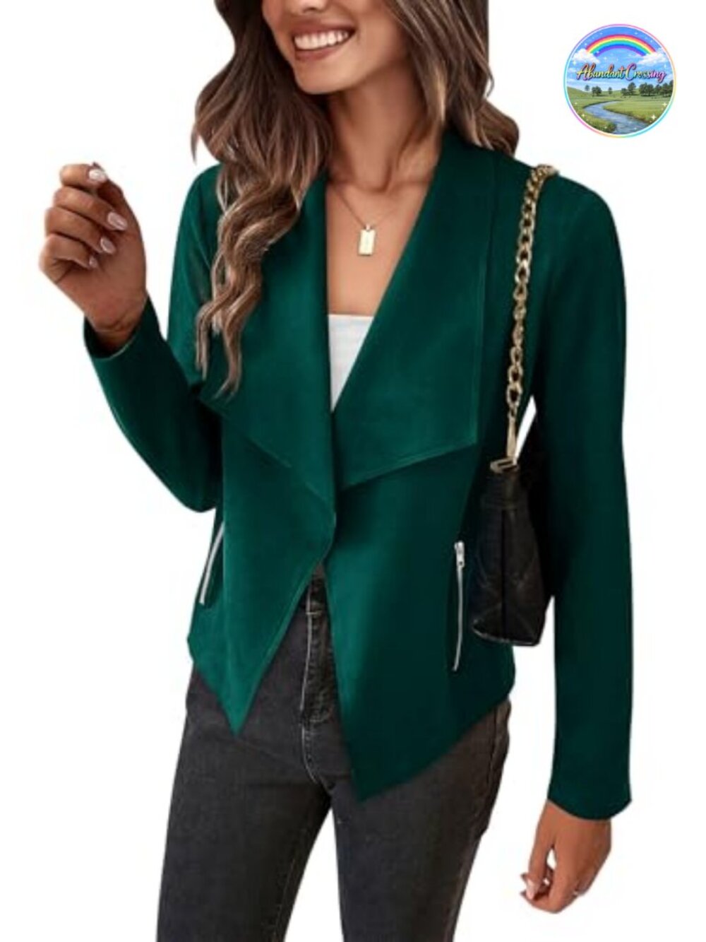 Faux Suede Jacket Women Cropped Open Front Waterfall Collar Coat